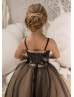 Black Spaghetti Straps Tea Length Lace Tulle Flower Girl Dress 